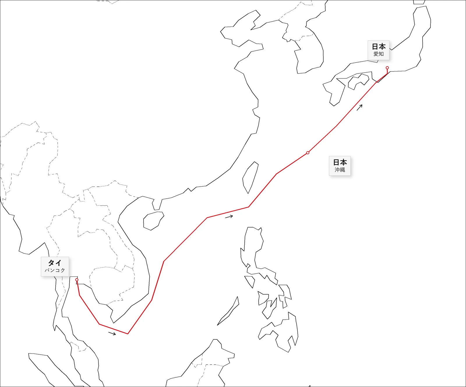 SWY37の航路図:寄港地はバンコク(タイ)、沖縄、愛知(日本)